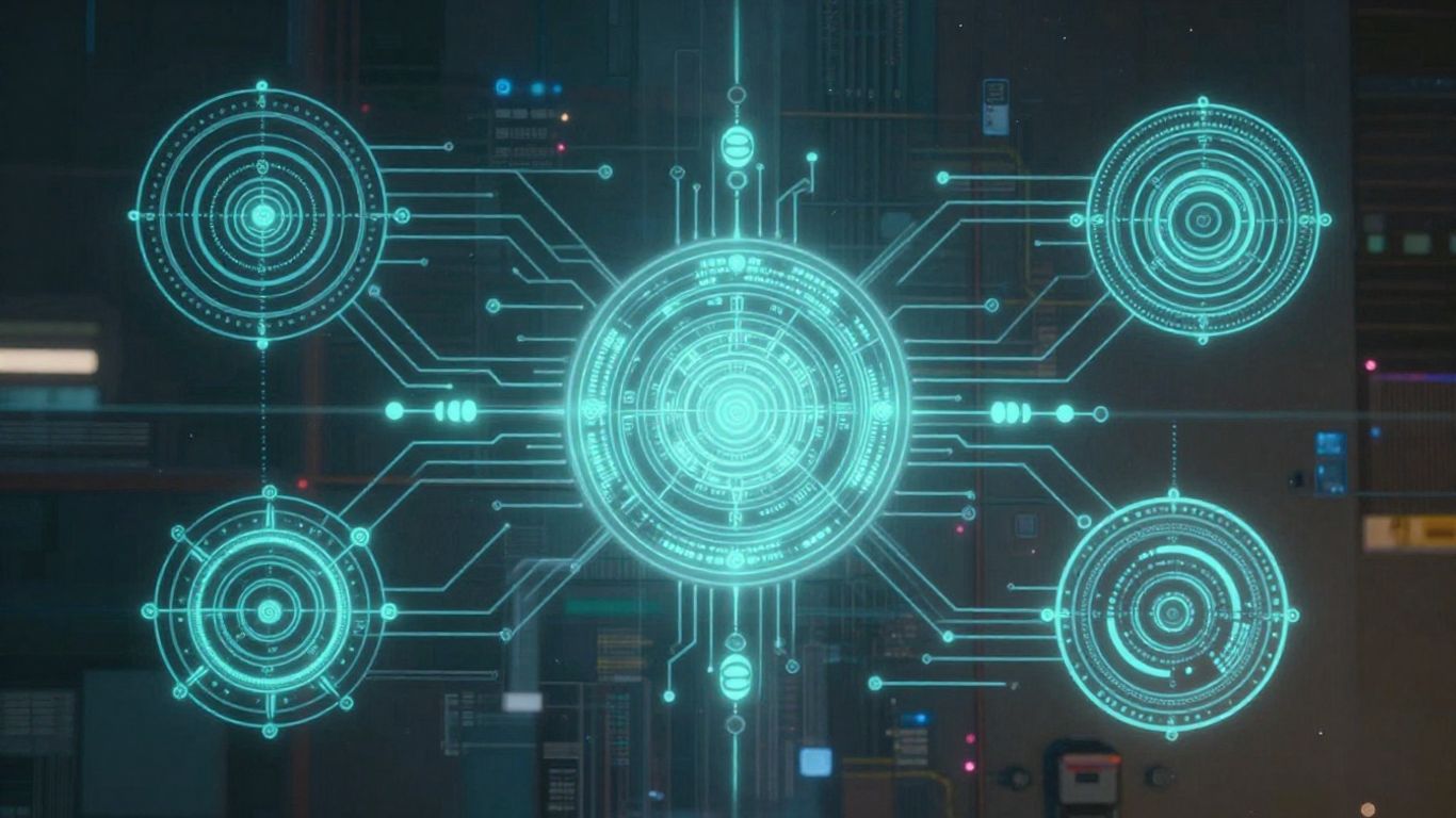 Abstract circuits and philosophical symbols merging.