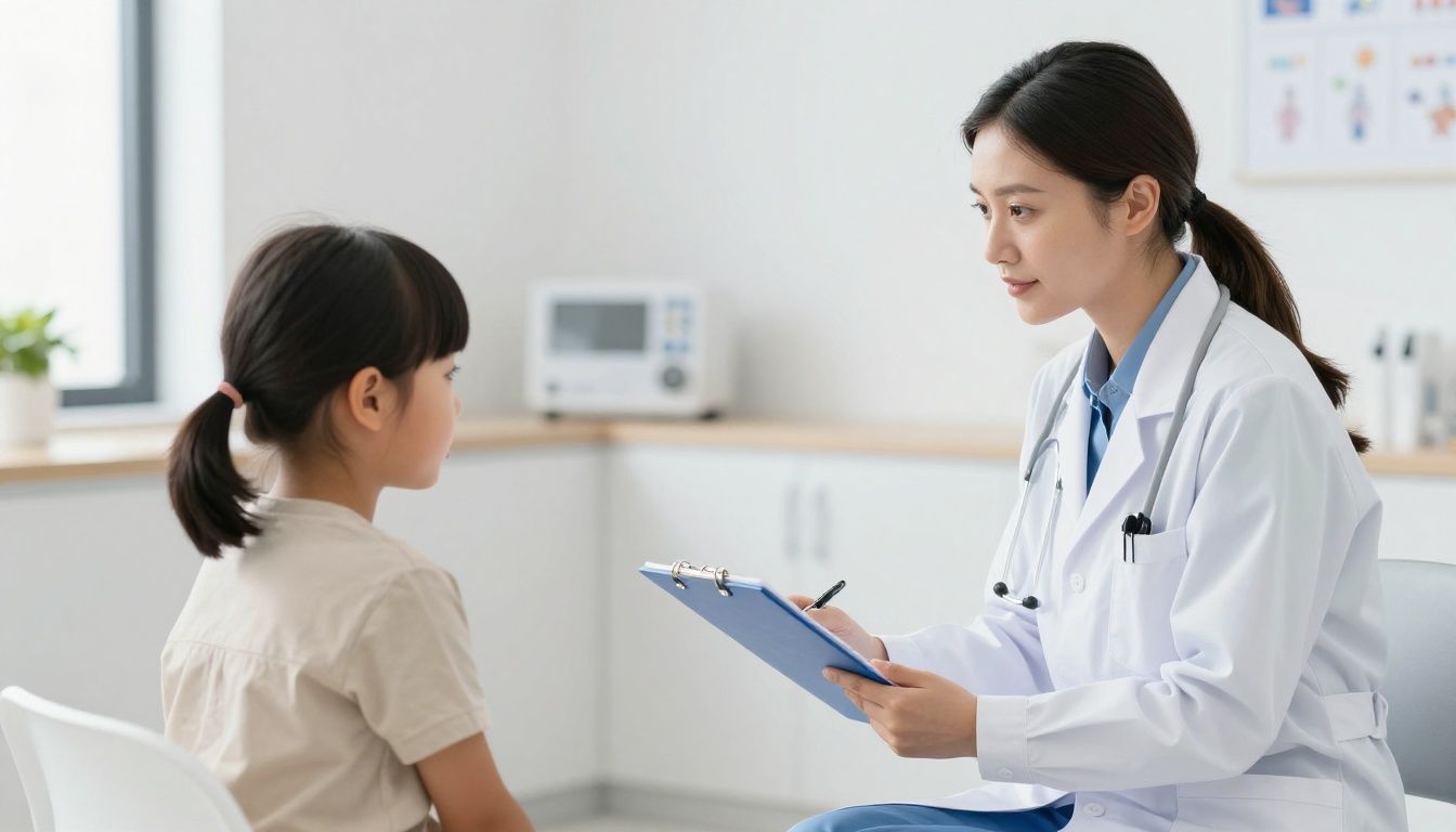 A caring pediatrician reviewing a child's health chart in a modern, clean medical office setting