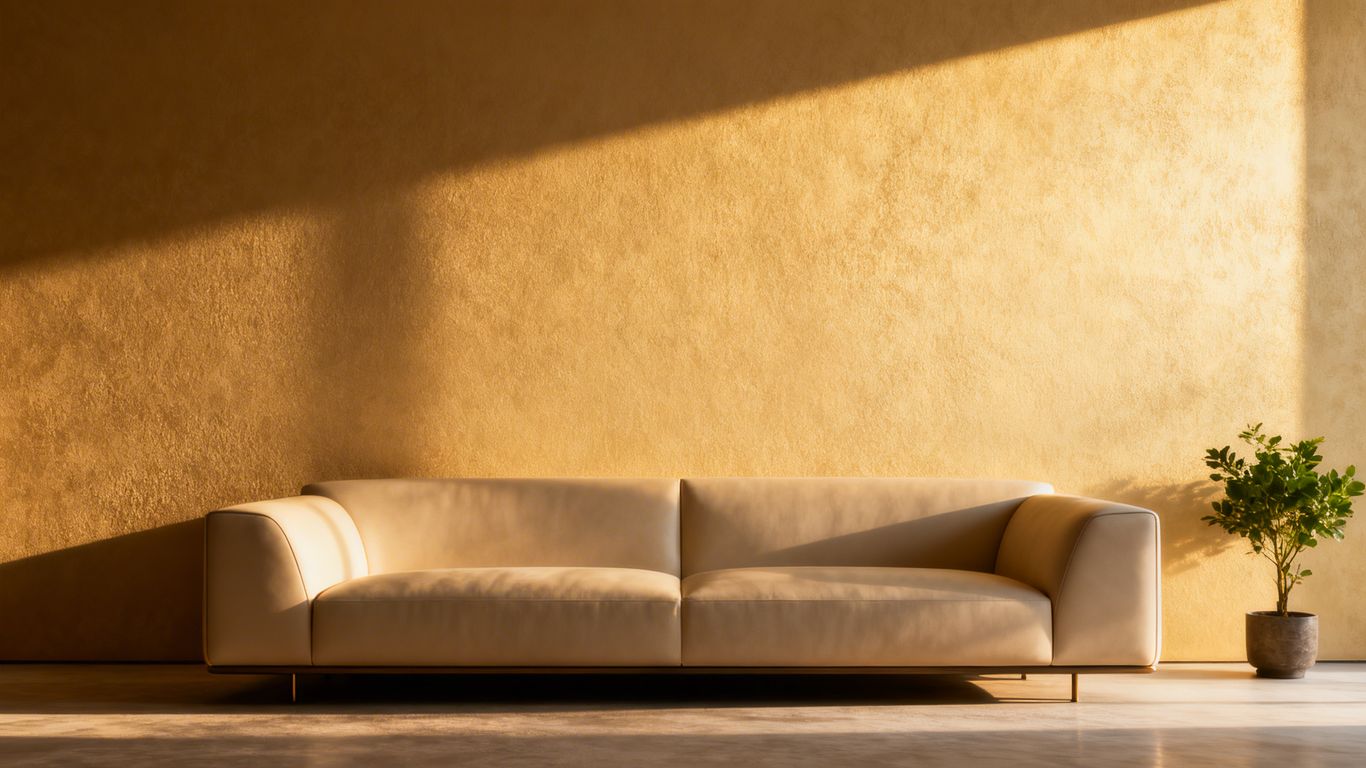 沙發靠牆擺放，陽光灑落，綠植點綴。