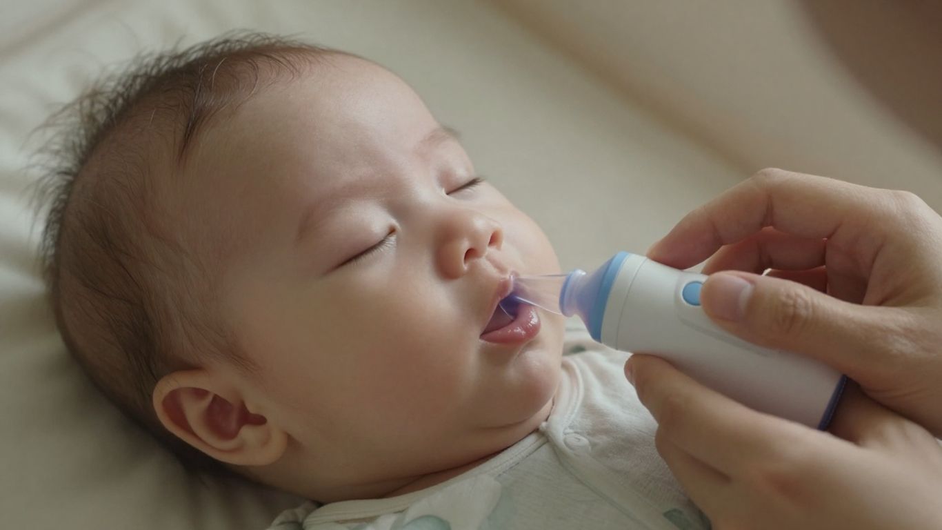 Padre usando aspirador nasal en bebé dormido.