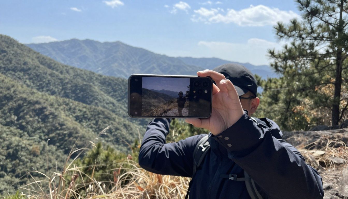 A person hiking in the Blue Mountains, taking a photo of the scenery with their Galaxy S25 FE, which is in a slim but protective travel case.