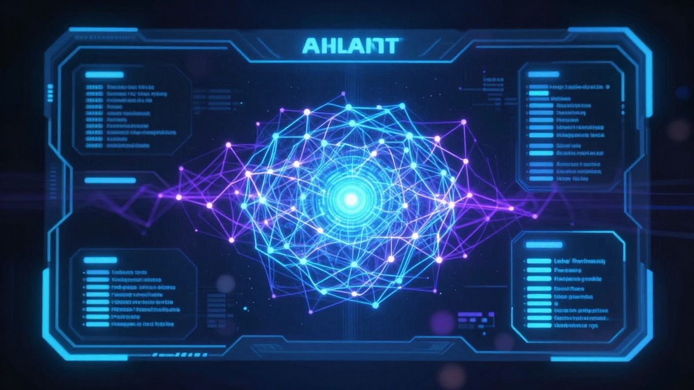 Interface de IA futurista com padrões de rede neural.