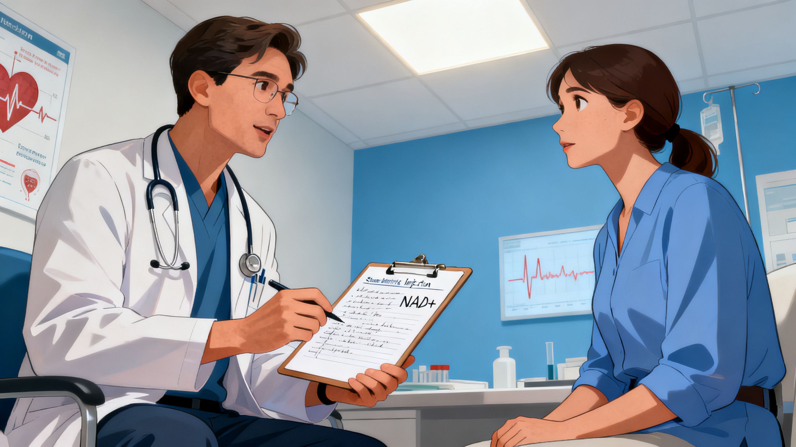 Patient discussing heart rhythm, blood pressure, pregnancy, and medication considerations with a healthcare provider before beginning NAD+ injections