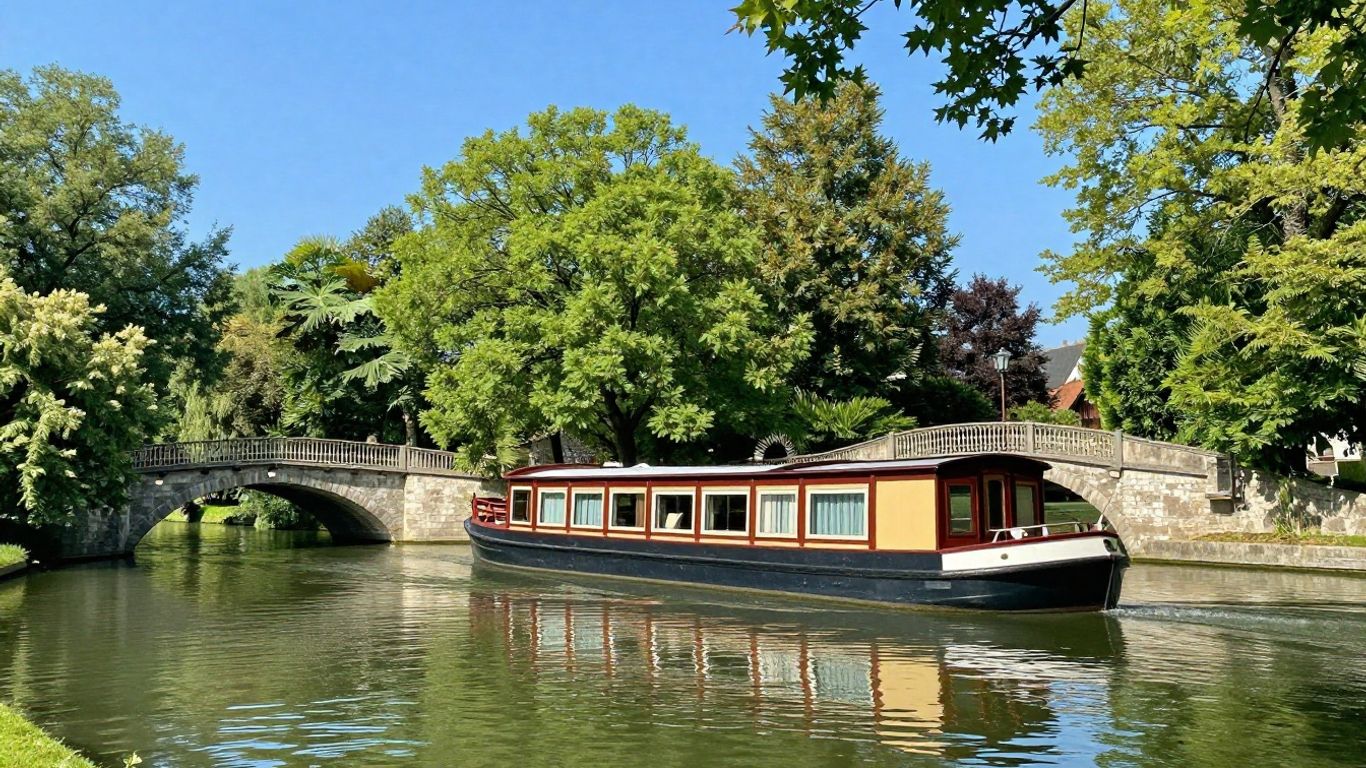 Barge cruising on a French canal with trees and bridges.