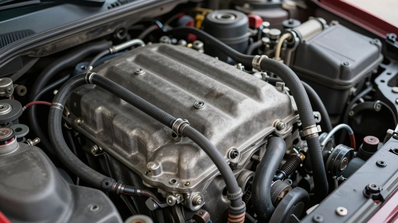 Used car engine with visible metal parts and hoses.