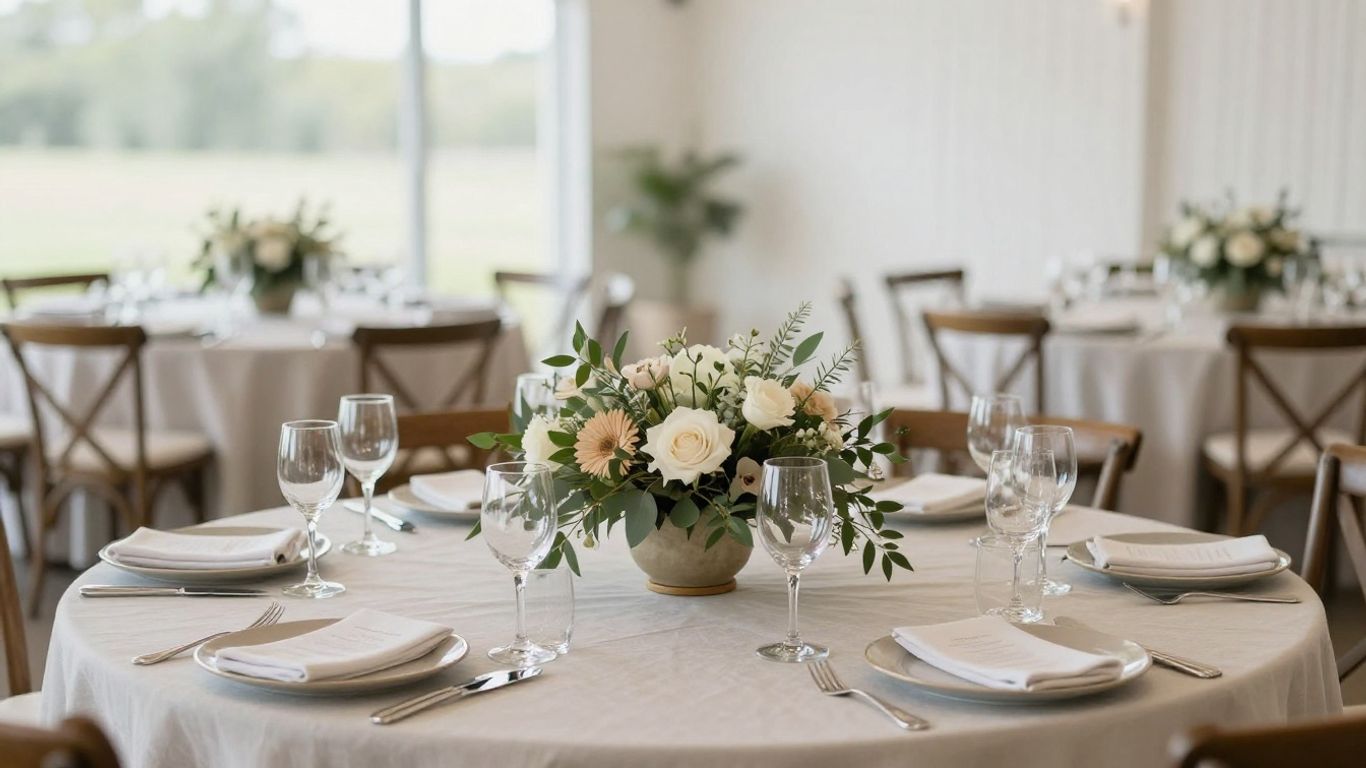 Reception table with simple flowers and greenery