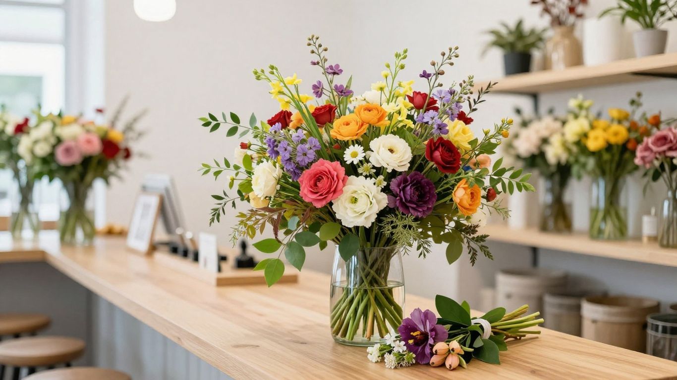 A vibrant bouquet sitting on a wooden counter