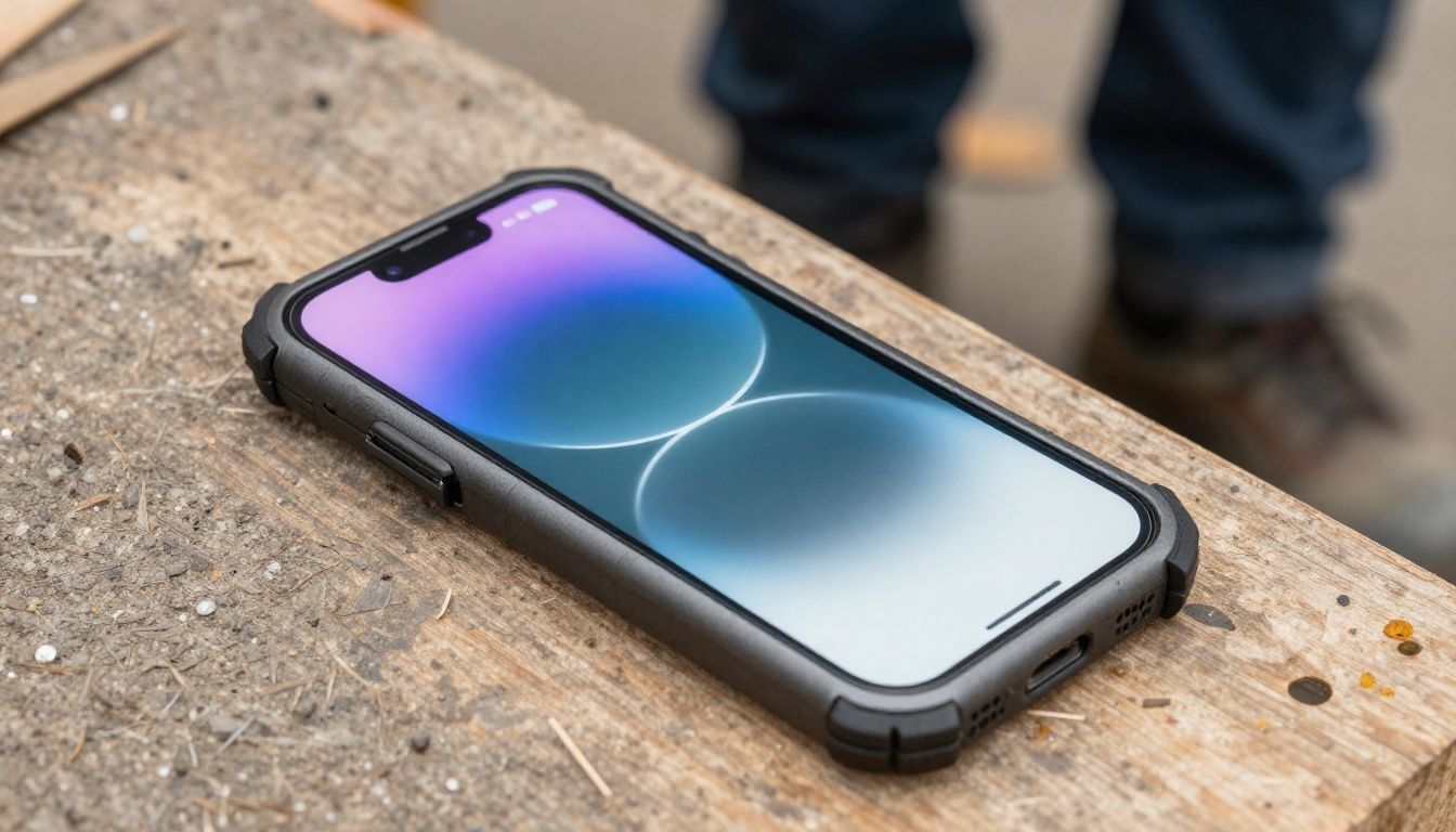 A tradie on a construction site in Australia using an iPhone 15 Plus in a rugged, heavy-duty case.