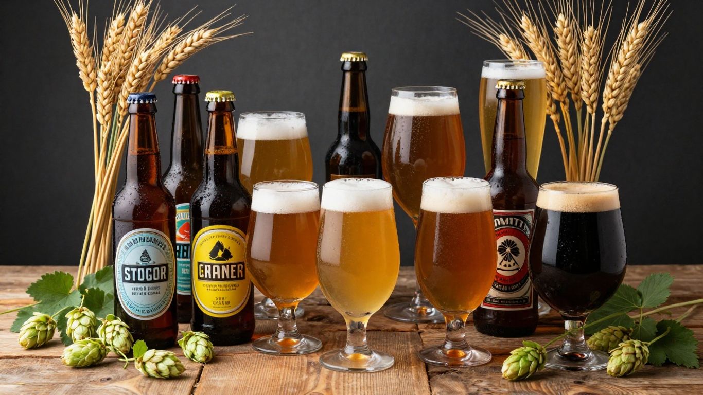 Brittany craft beer bottles and glasses with hops and barley.