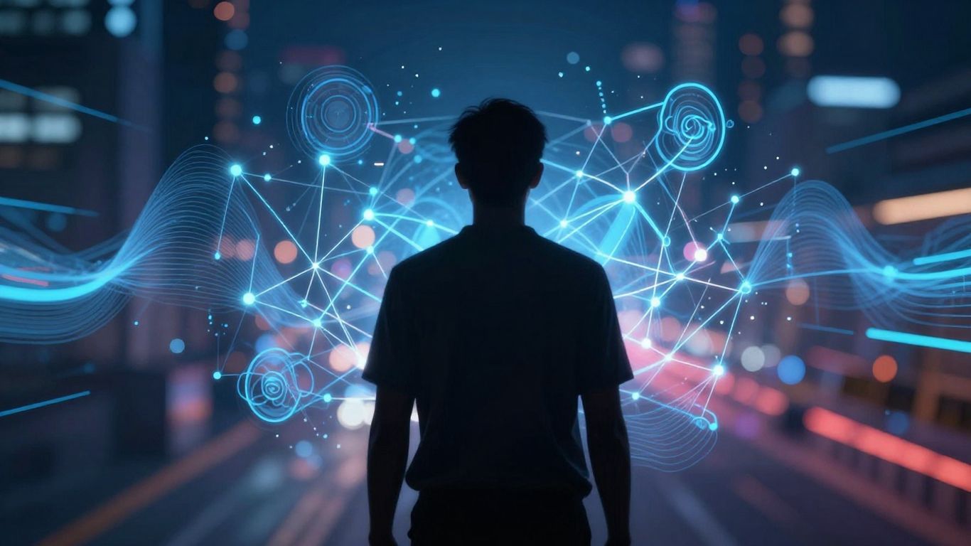 Digital connections surrounding a person's silhouette.