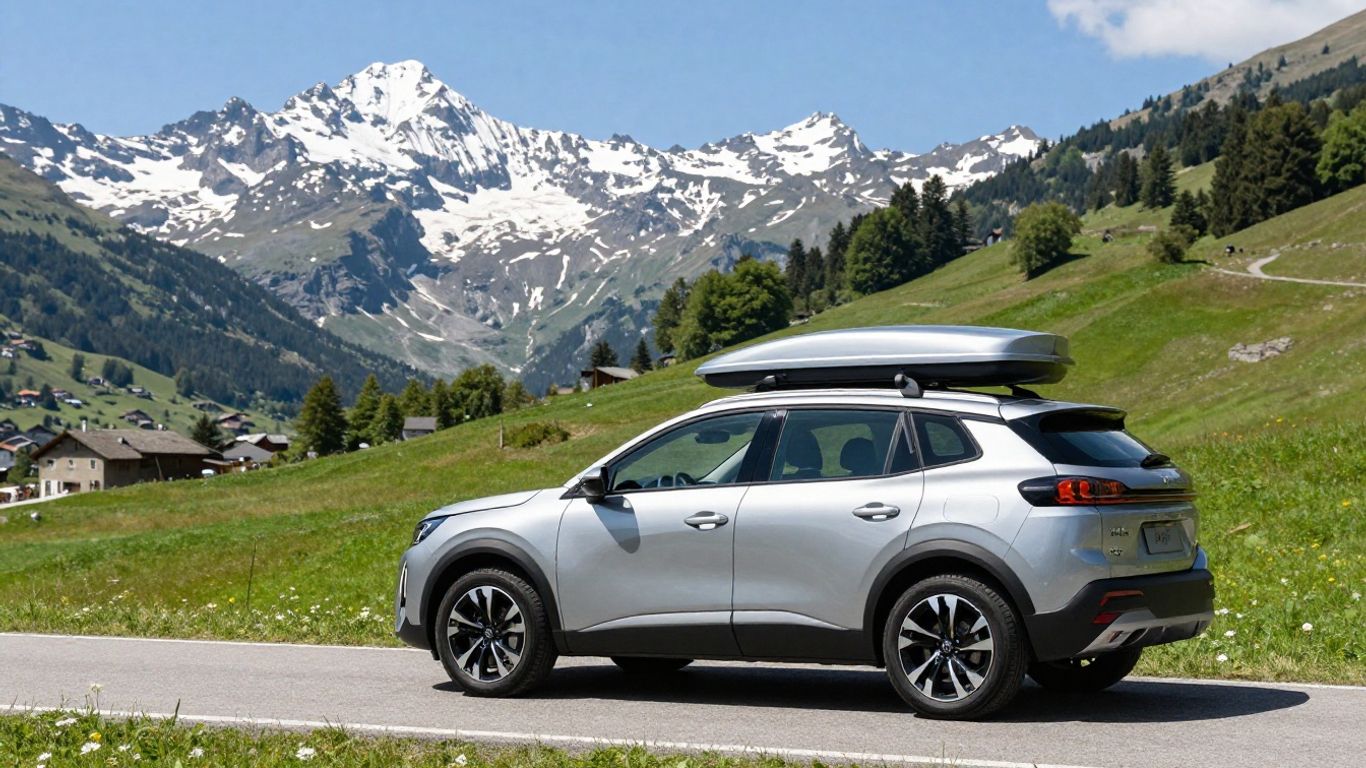 Peugeot 5008 auf Schweizer Landstraße mit Bergen im Hintergrund