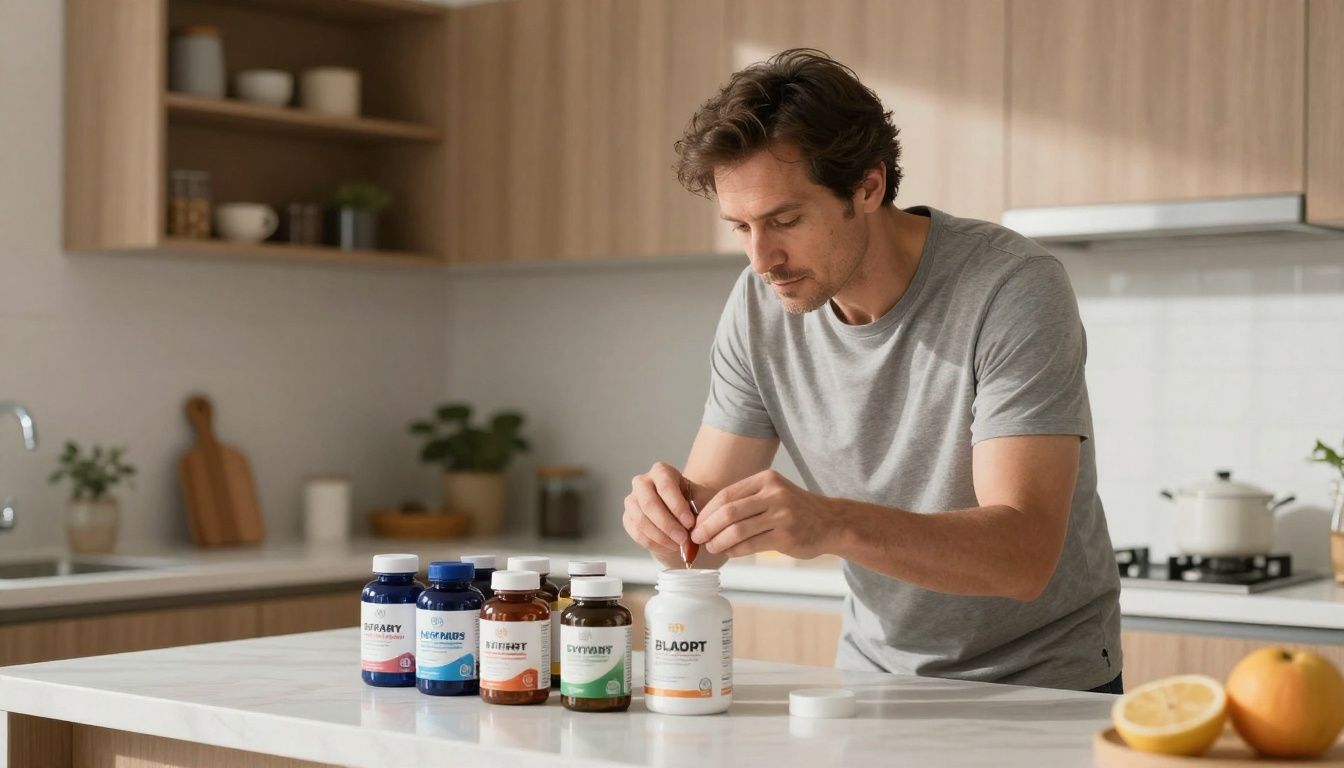 A man in his 40s stands in a modern, sunlit kitchen, looking thoughtfully at a collection of supplement bottles on the counter, contemplating his health routine.
