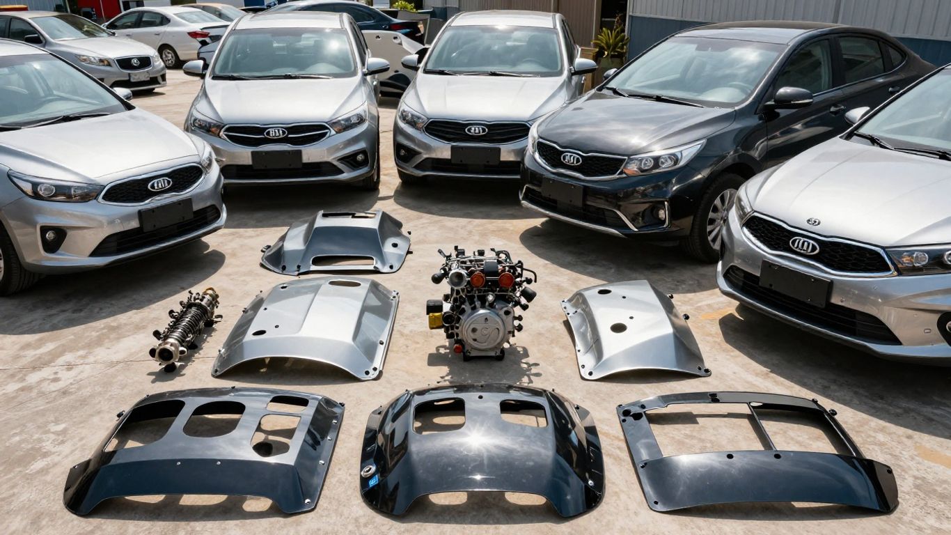 Kia car parts at a wrecking yard.