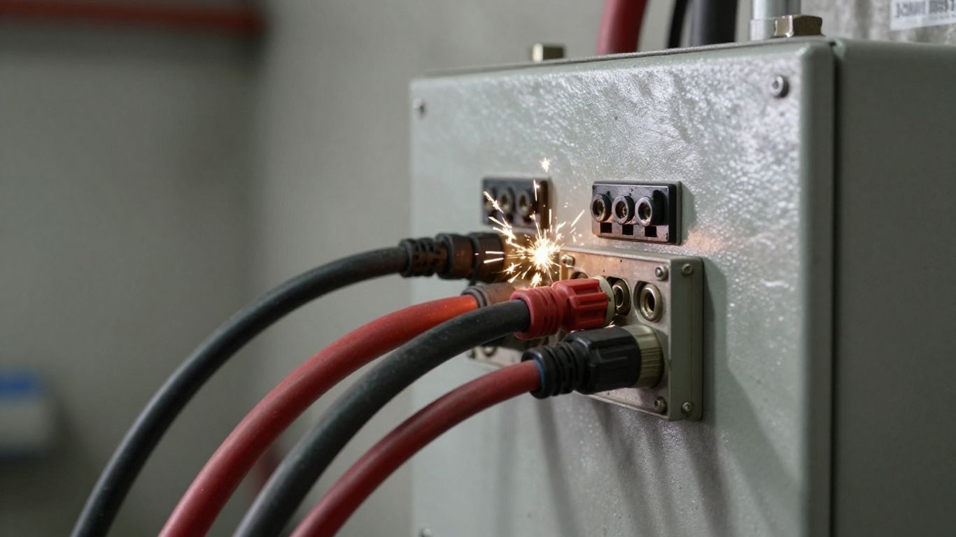 Industrial electrical panel with high-voltage cables and subtle sparks.