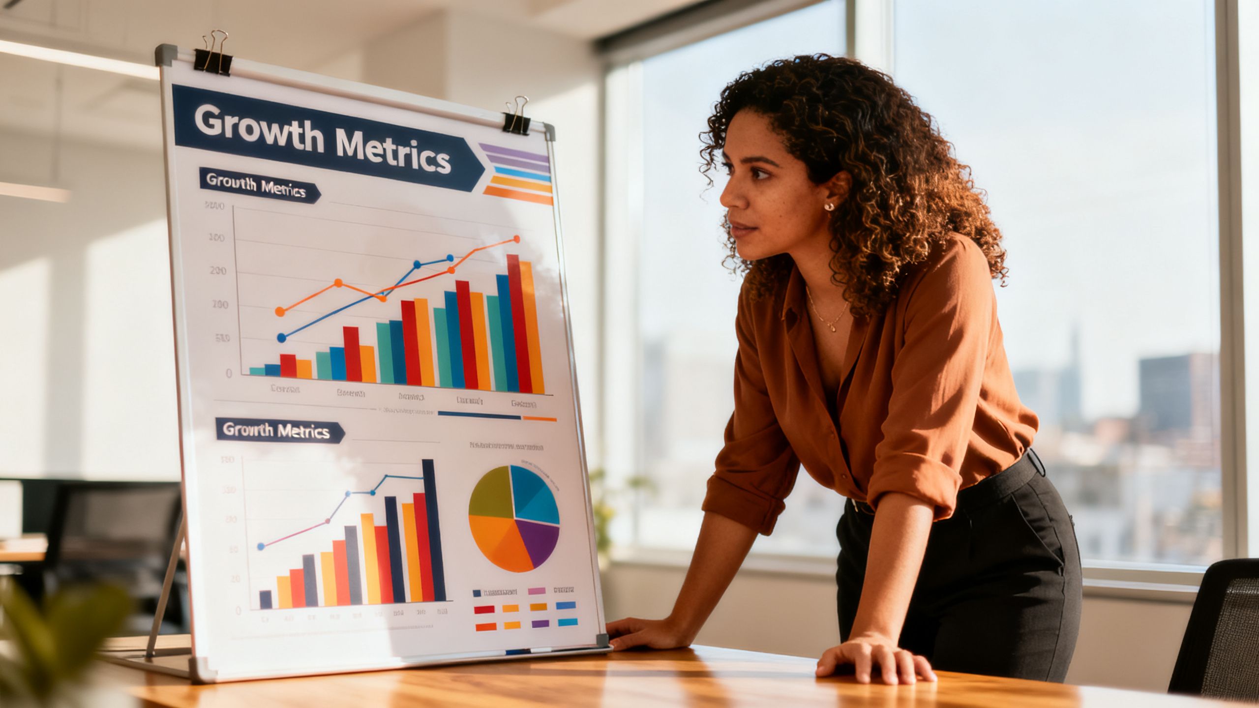 Emprendedora colombiana revisando un tablero de indicadores de crecimiento de su negocio