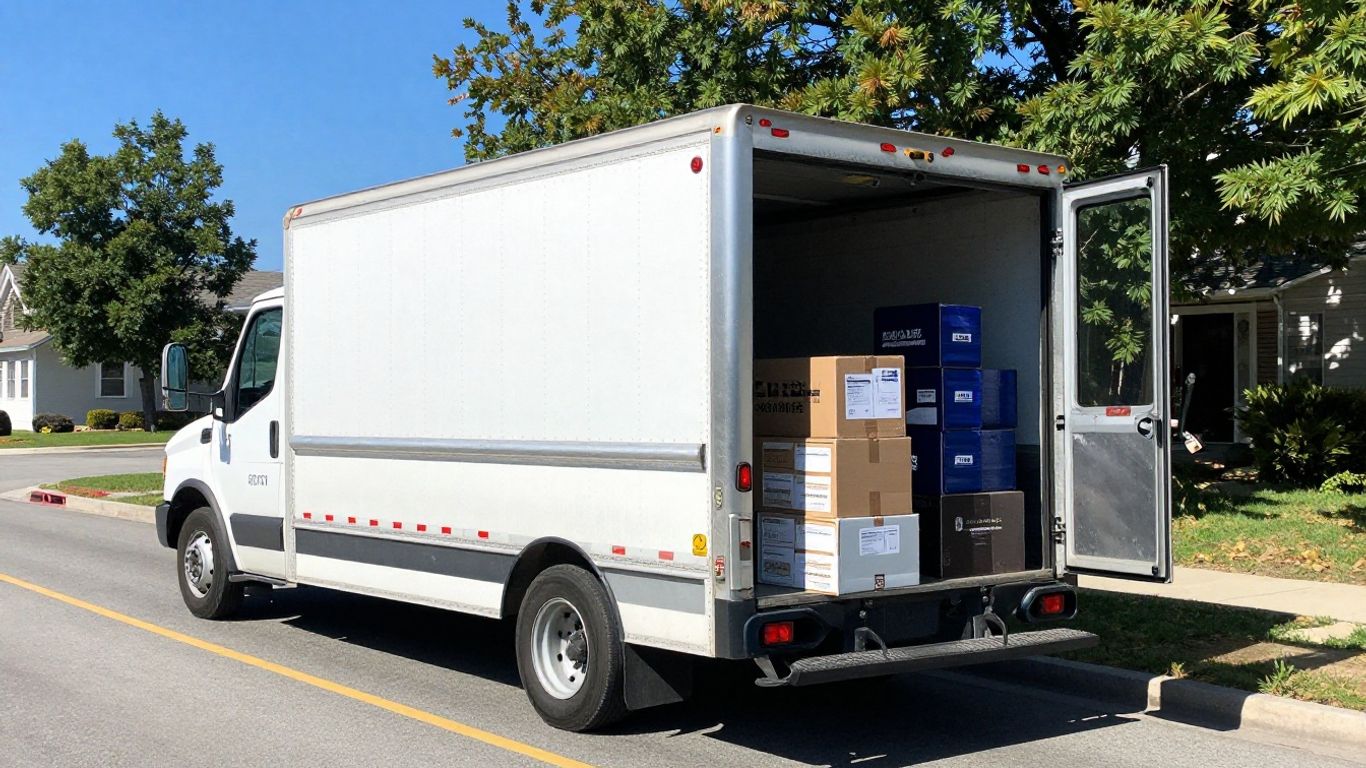 Albany, NY moving truck with boxes on a sunny day.