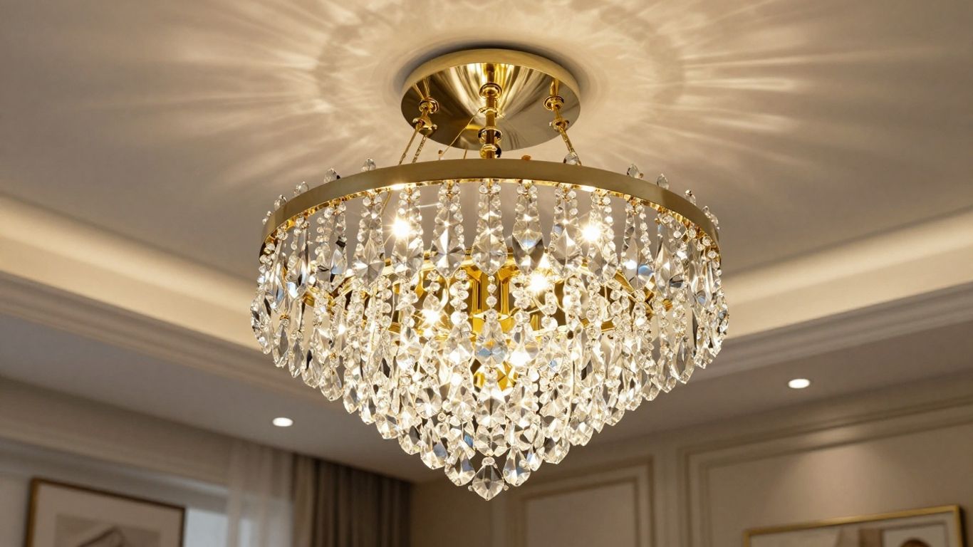Elegant crystal ceiling light fixture in a modern room.