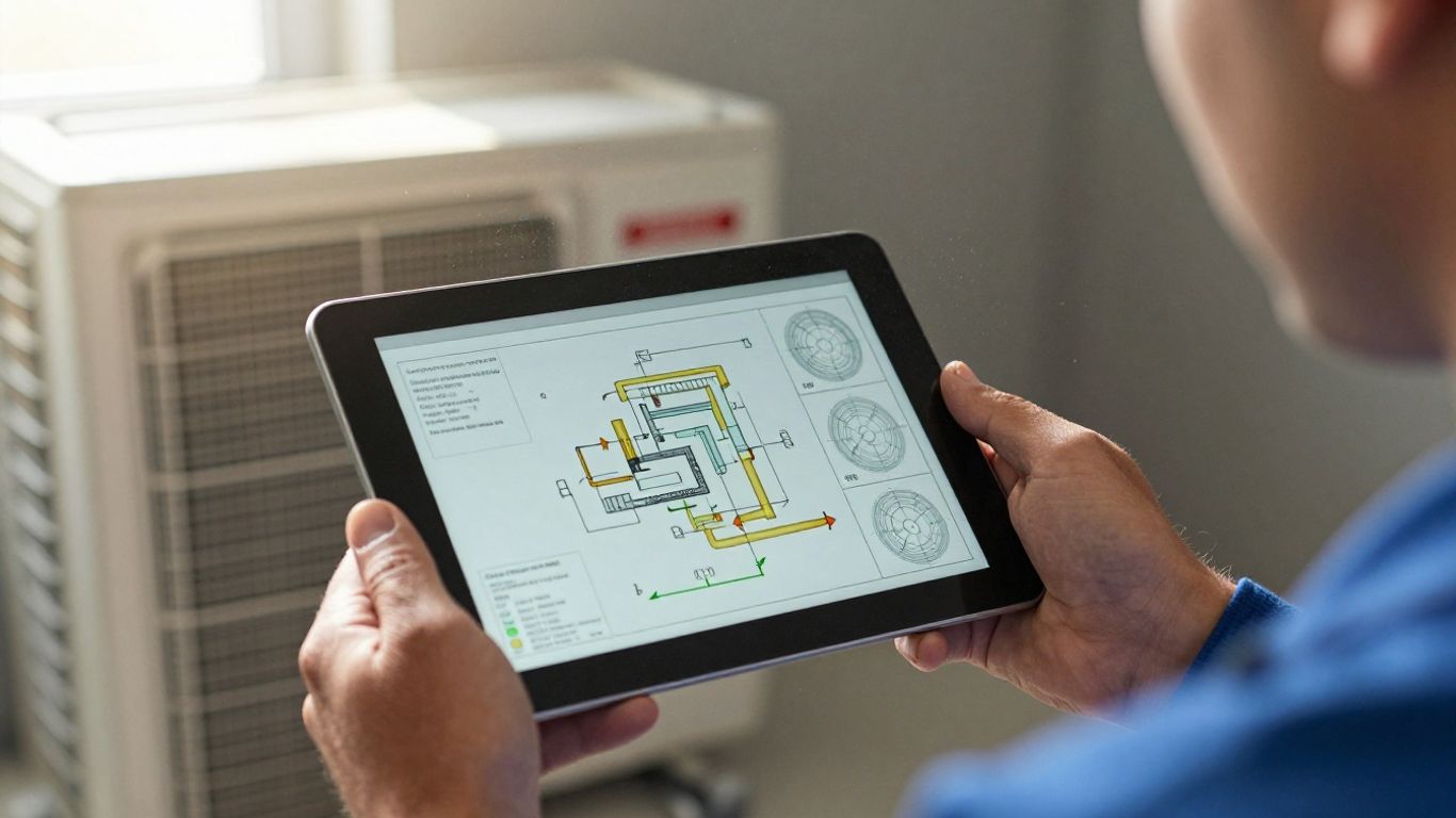 Contractor using tablet for HVAC estimating software.
