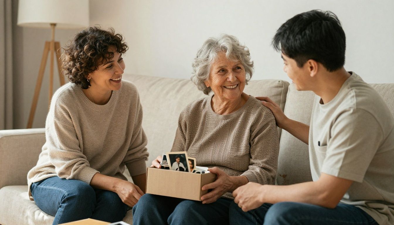A compassionate caregiver and an older woman smiling together while sorting through a box of old photographs in a sunlit living room.