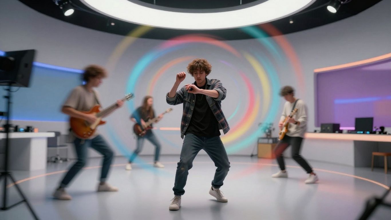 Futuristic music video creation studio with dynamic lighting.