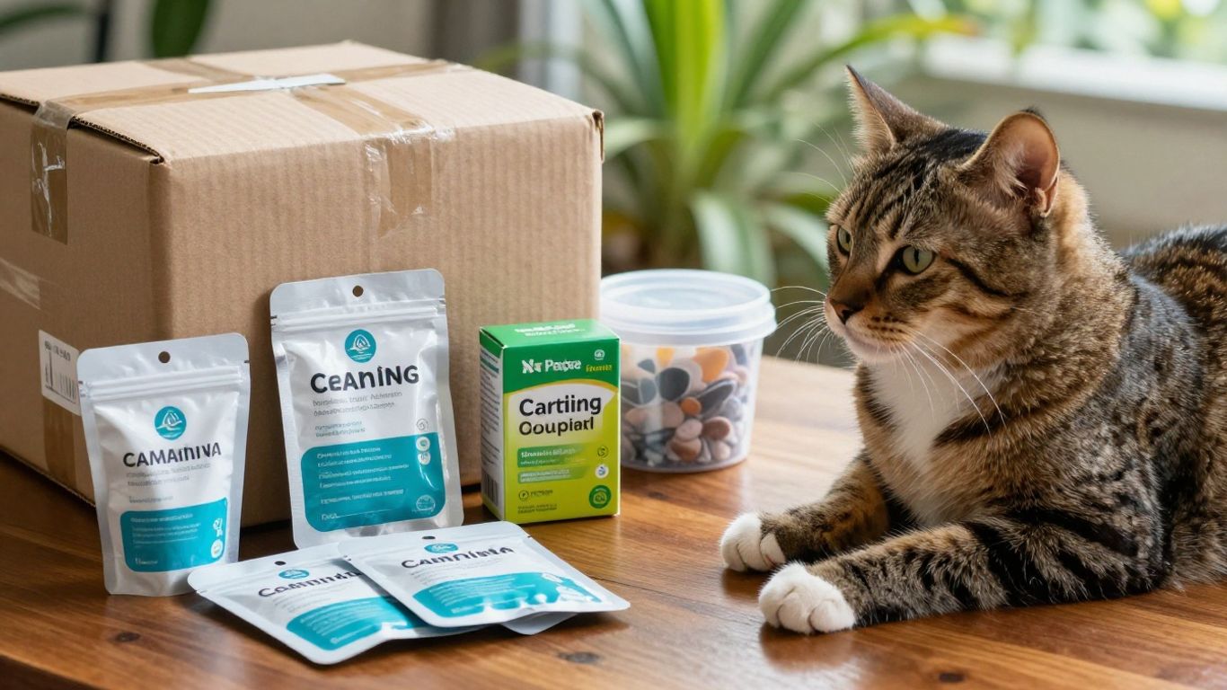 Cat owner comparing labeled calming products at home