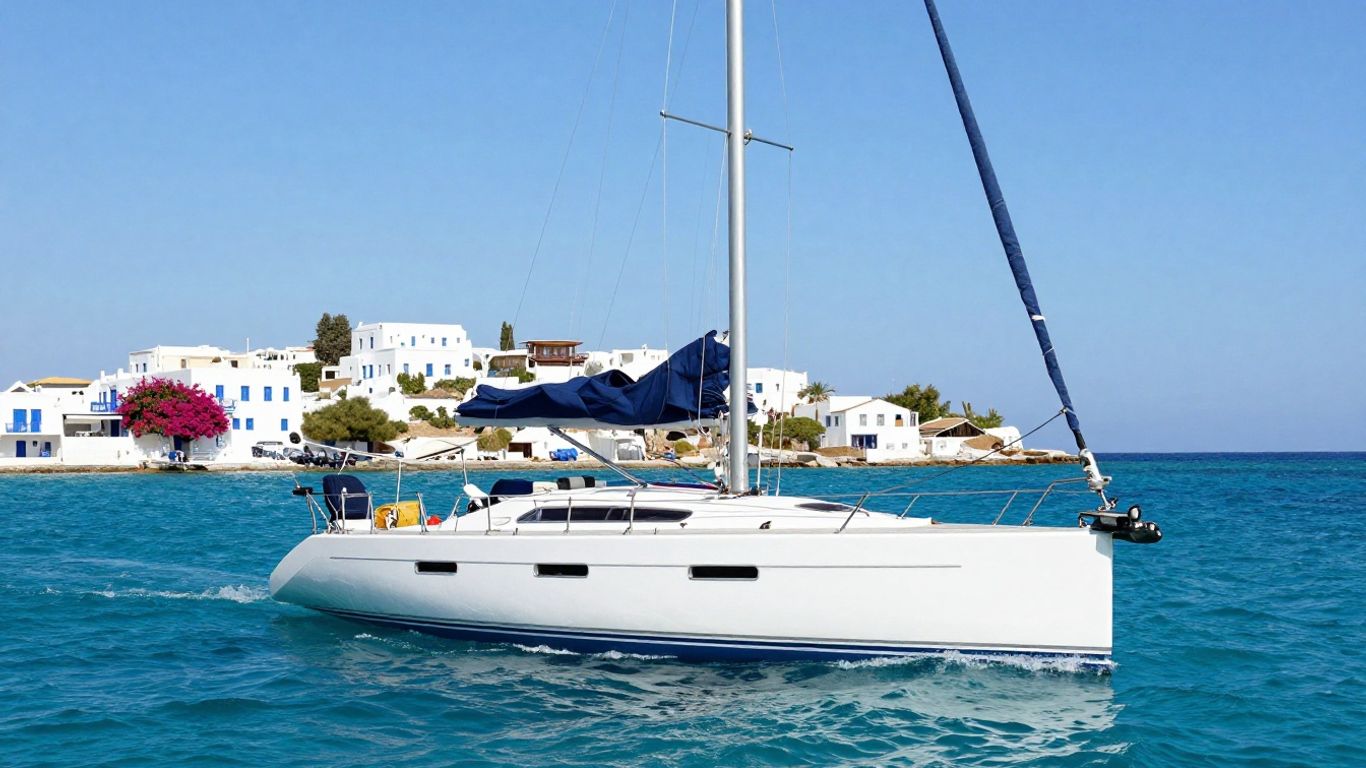 Sailboat sailing in the Aegean Sea near a Greek island.