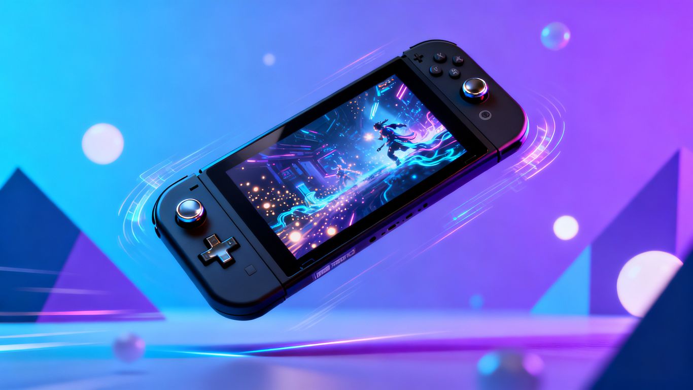 Futuristic Nintendo Switch 2 console with vibrant game display.