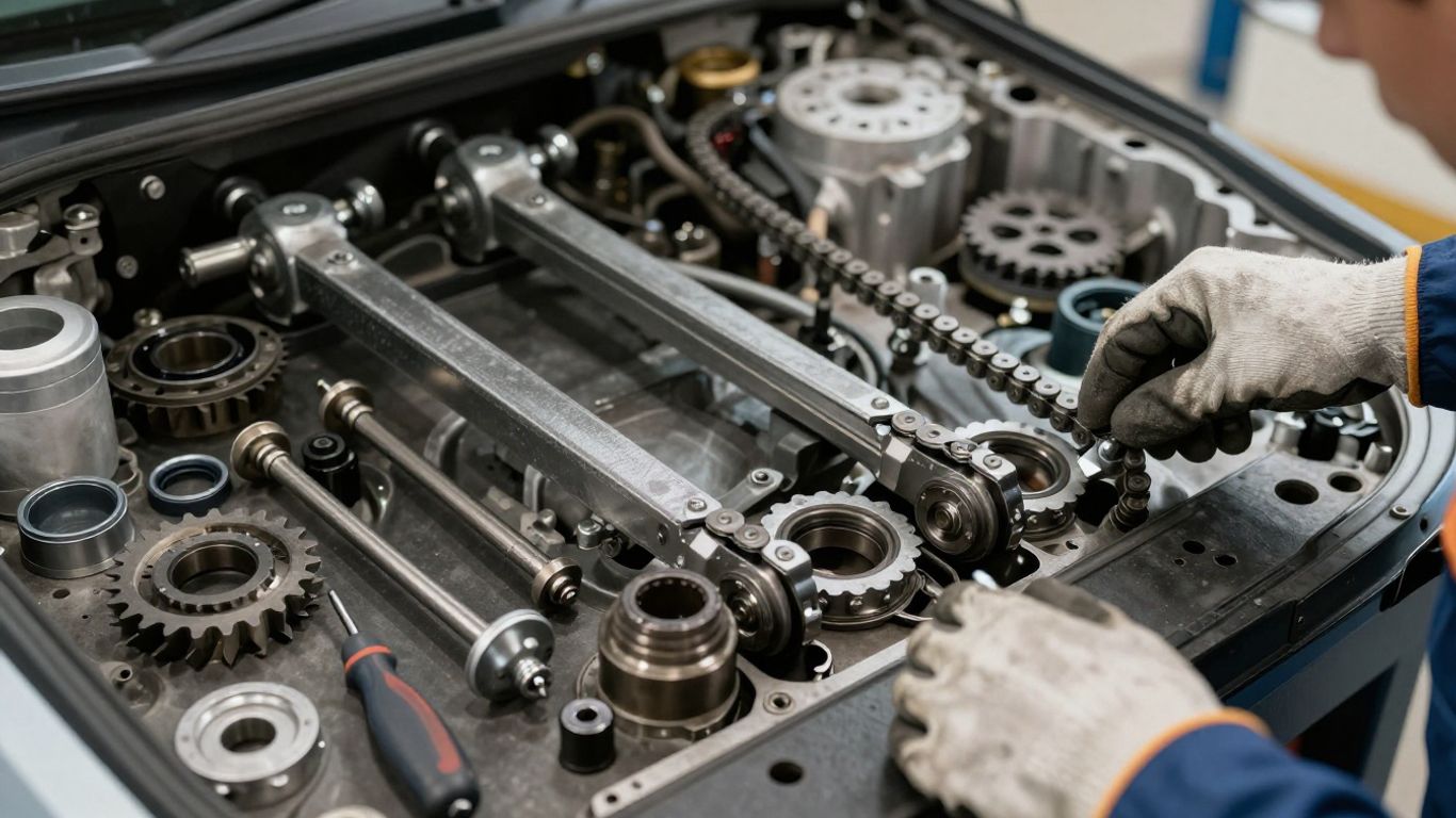 Technician examining timing chain components