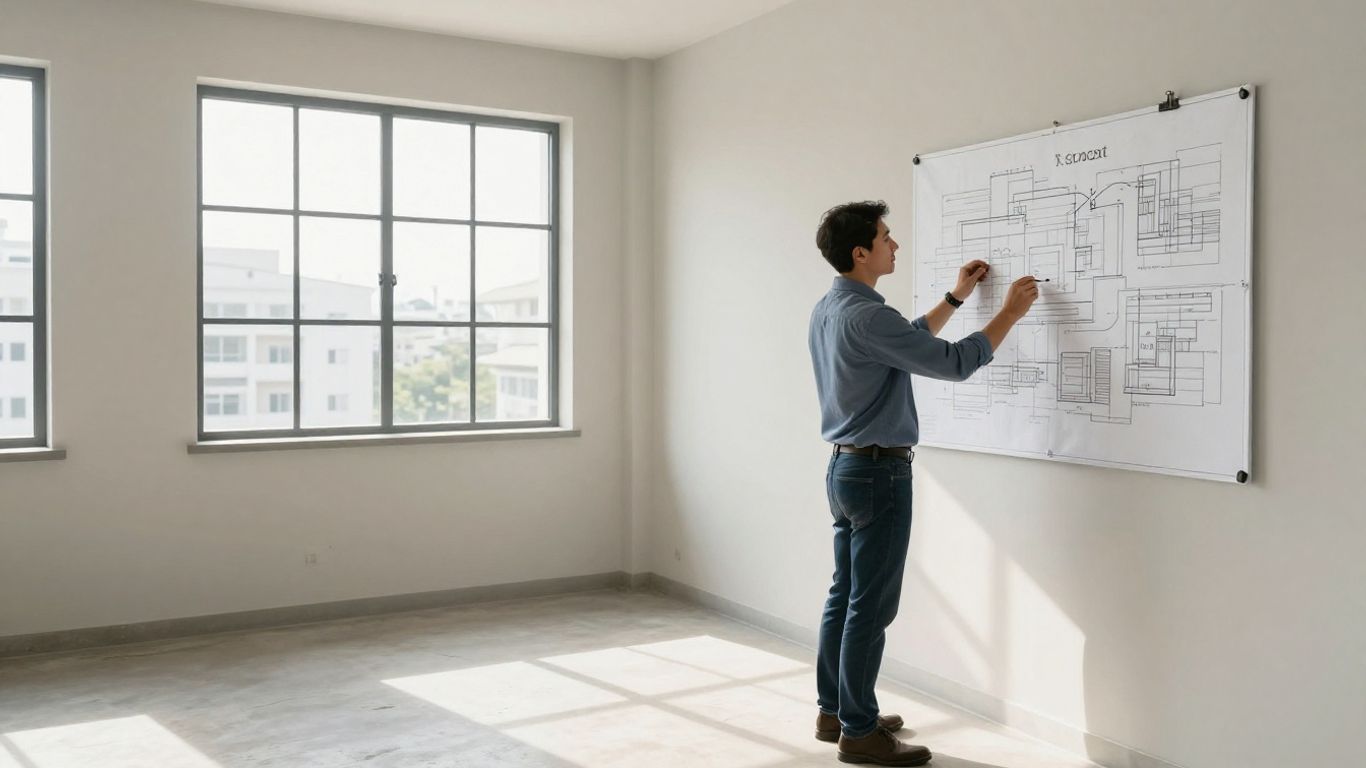 Structural engineer reviewing building floorplans