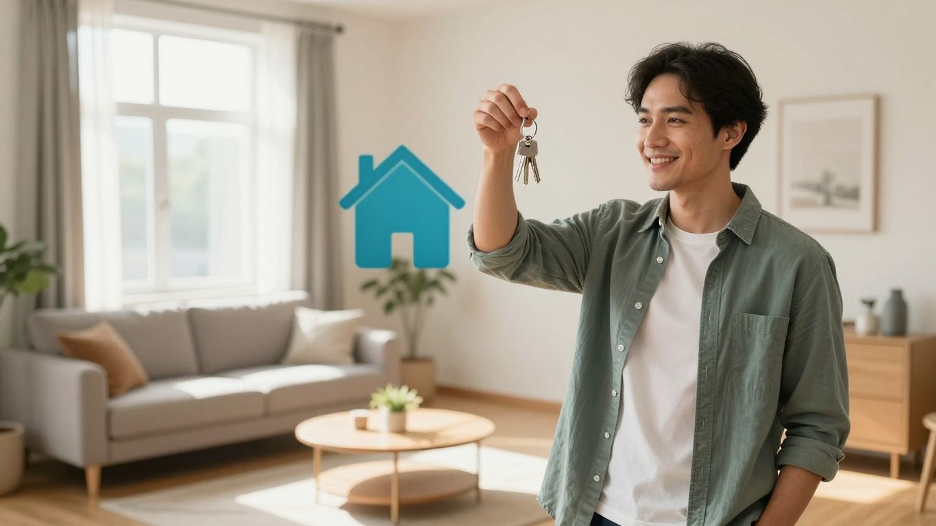 Persona sonriendo con llaves y casa estilizada.