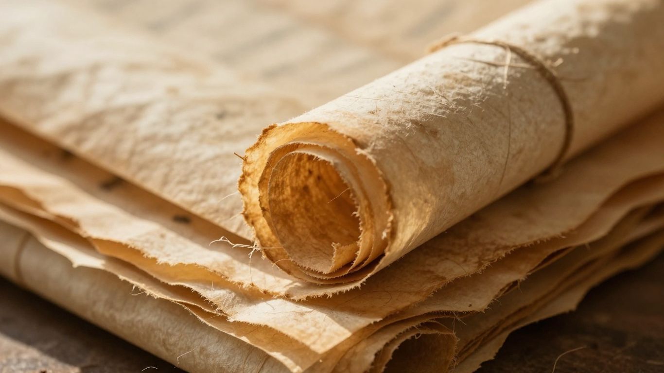 Ancient papyrus scrolls, one unrolled, showing textured paper.