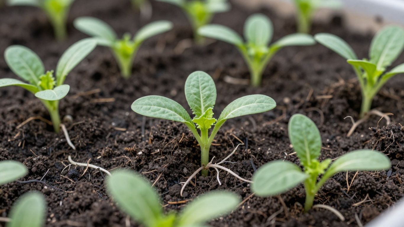 Zu dicht gepflanzte Gemüsepflanzen im Gartenbeet