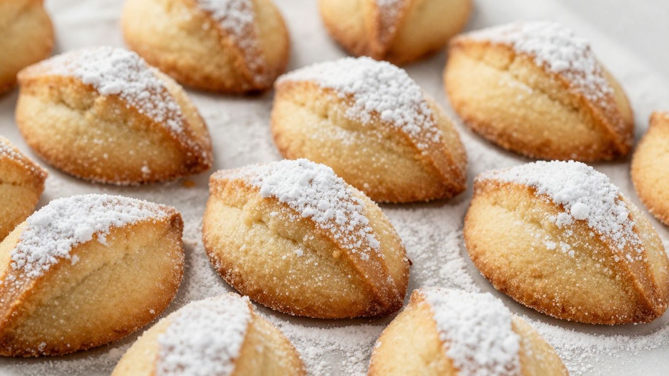 Greek almond cookies covered in powdered sugar.