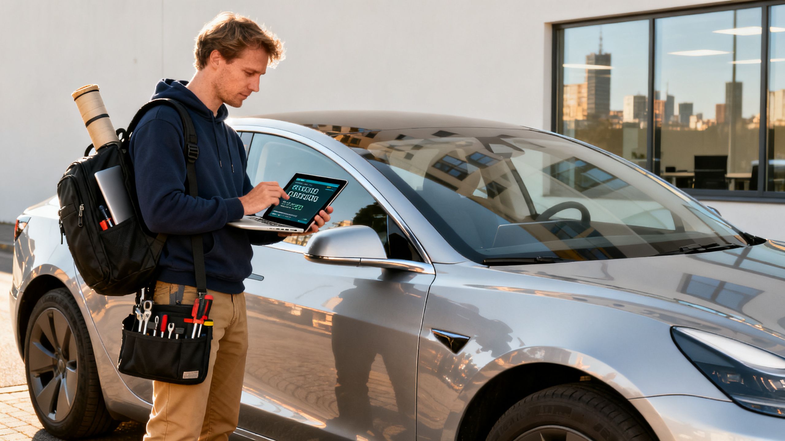 Technician with laptop and tools near a car.