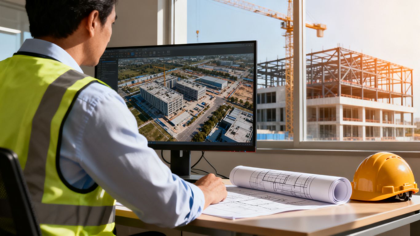 Construction manager reviewing drone inspection imagery