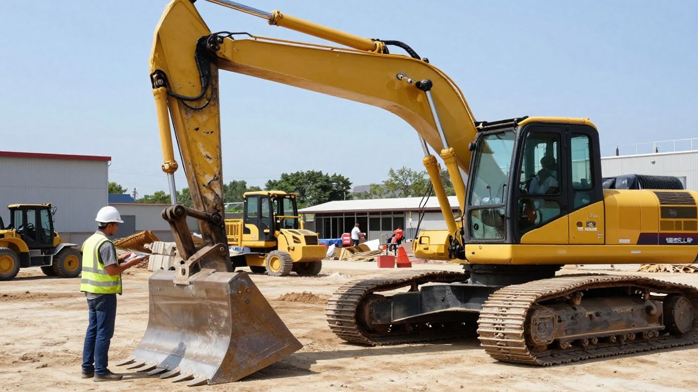 Small business owner inspecting heavy construction equipment.