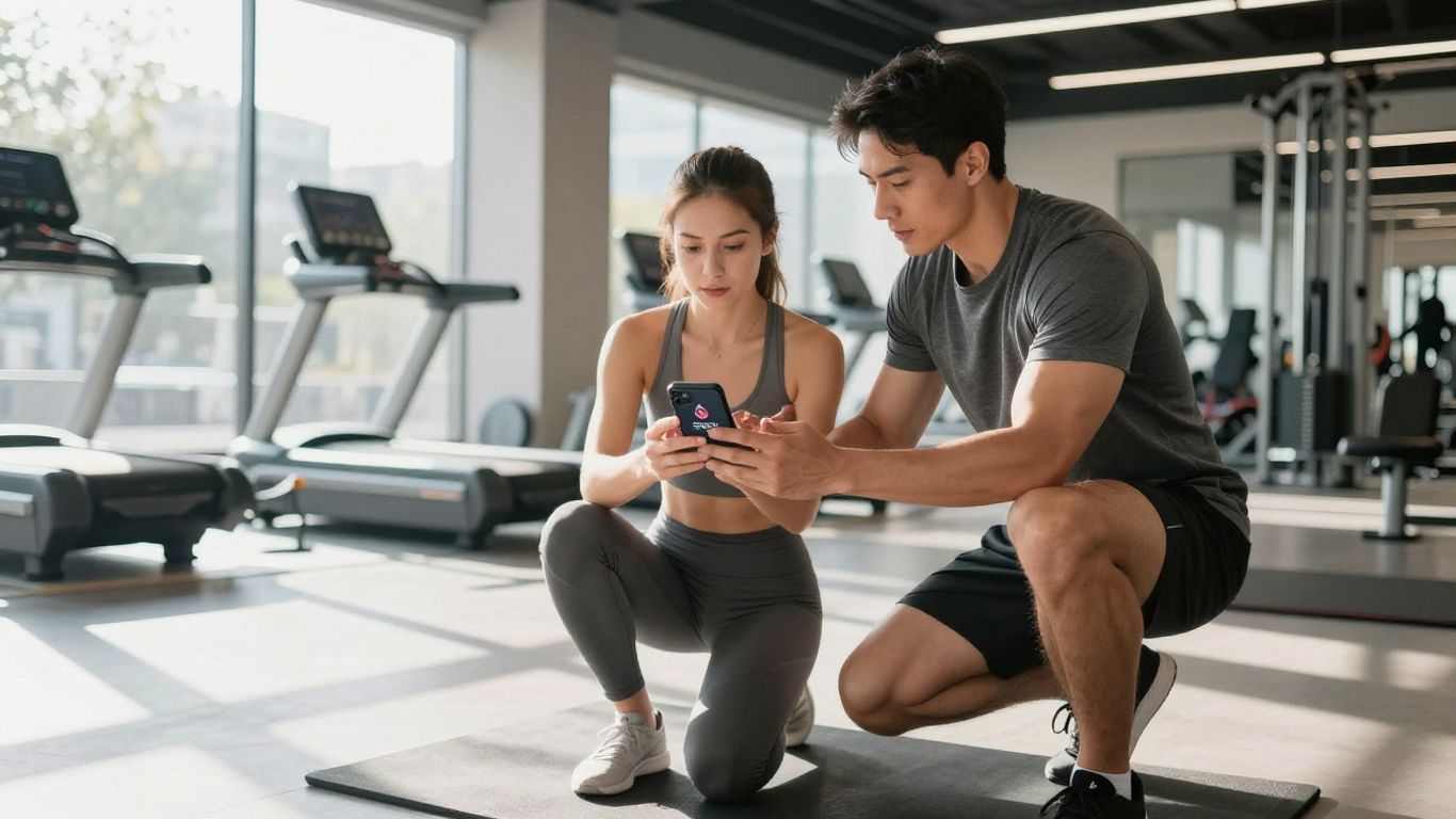 Personal trainer and client using fitness app in gym.