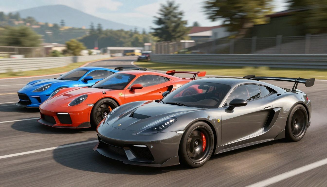 Seleção de carros esportivos em Asphalt 9: Legends, com diferentes atributos de velocidade, aceleração, dirigibilidade e nitro