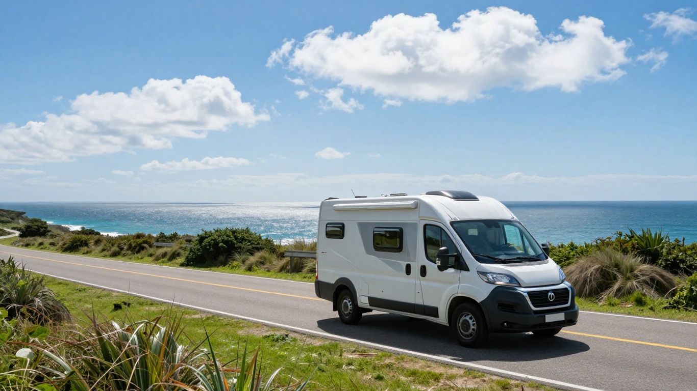 Motorhome on a scenic coastal road with ocean view.