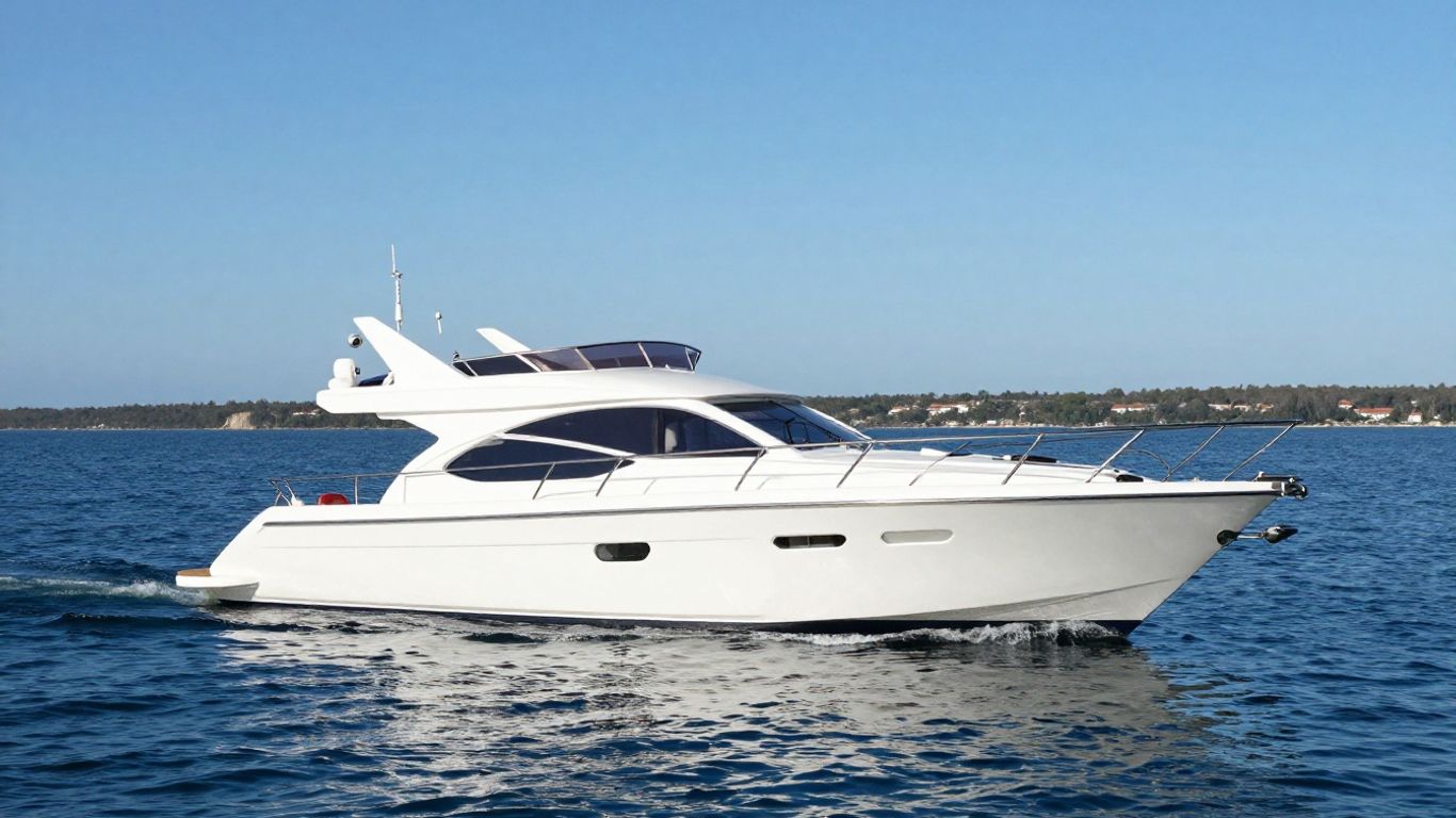 Used small yacht sailing on calm blue water.