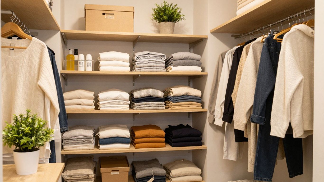 Organized Airbnb closet with folded linens and neat storage.
