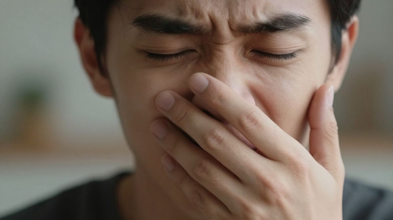 Person grimacing, covering mouth due to bad breath.