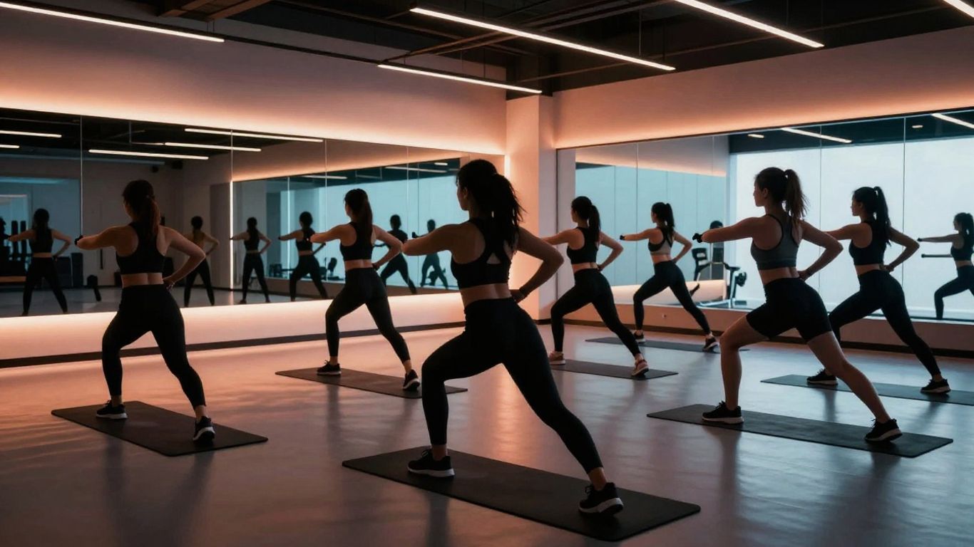 Fitness studio with people working out, vibrant lighting.