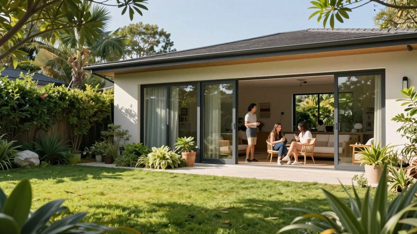 Modern house with garden and people interacting inside.