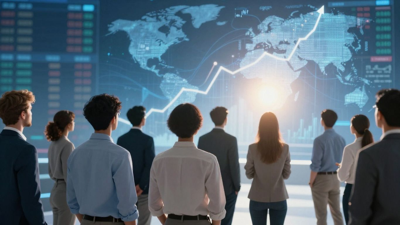 People engaging with abstract global financial growth.