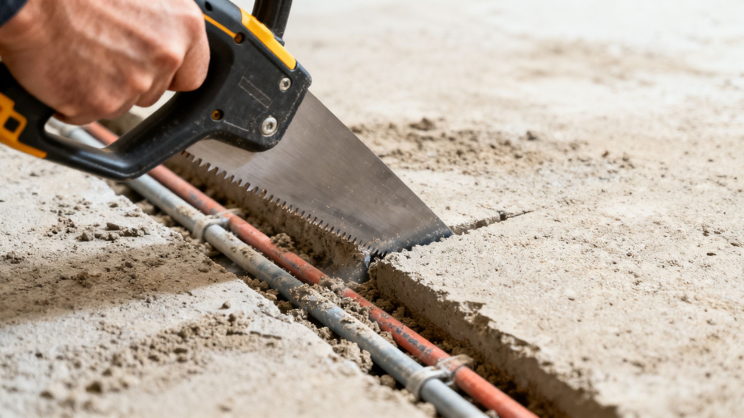 Hand-held saw with a shallow depth setting cutting a short chase in screed after services have been located