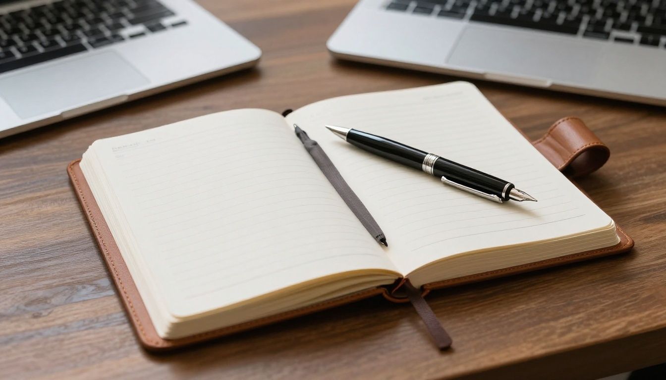 A professional, clean workspace with an open leather-bound journal and a single, sharp fountain pen, suggesting intentional progress and focused ambition.