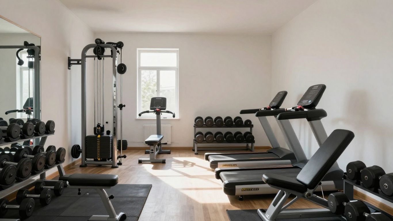 Home gym with various fitness equipment.
