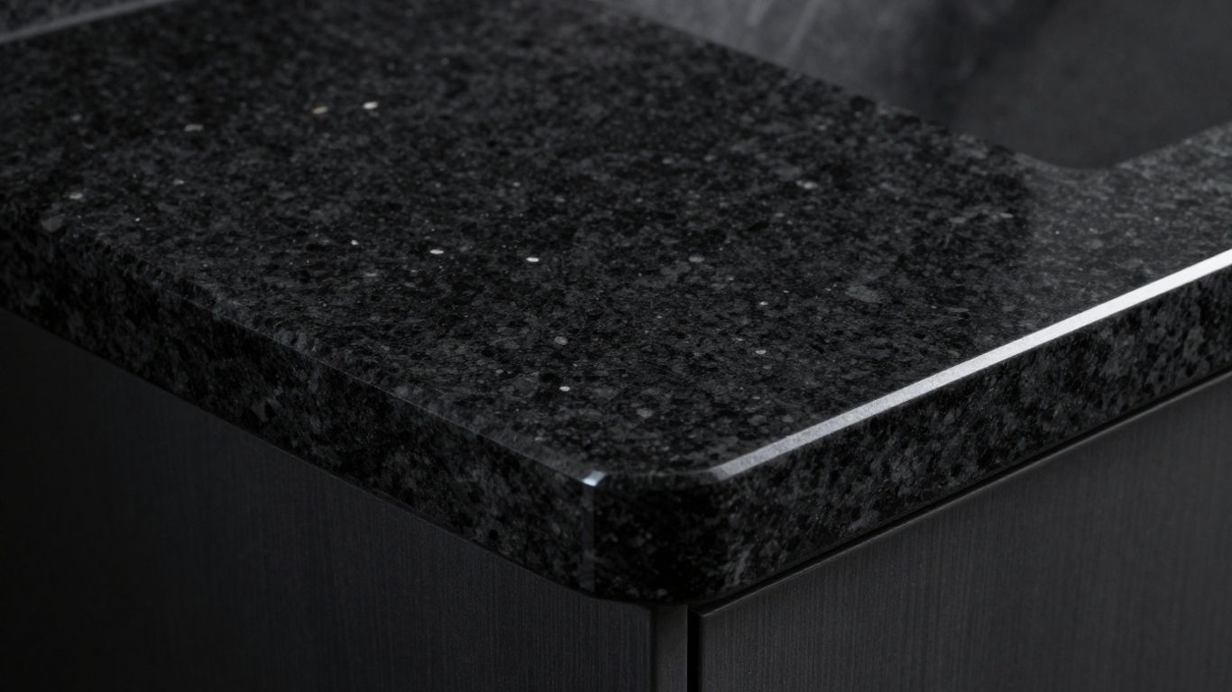 Polished Absolute Black granite kitchen worktop surface.