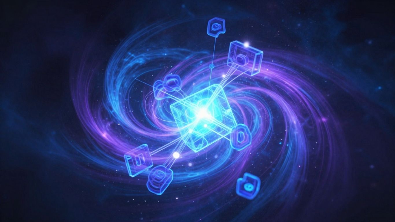 Abstract visualization of glowing interconnected qubits in cosmic background.